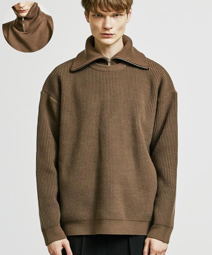SSY 2-Way Neck Warmer Wide Collar Zip-Up Knit Brown