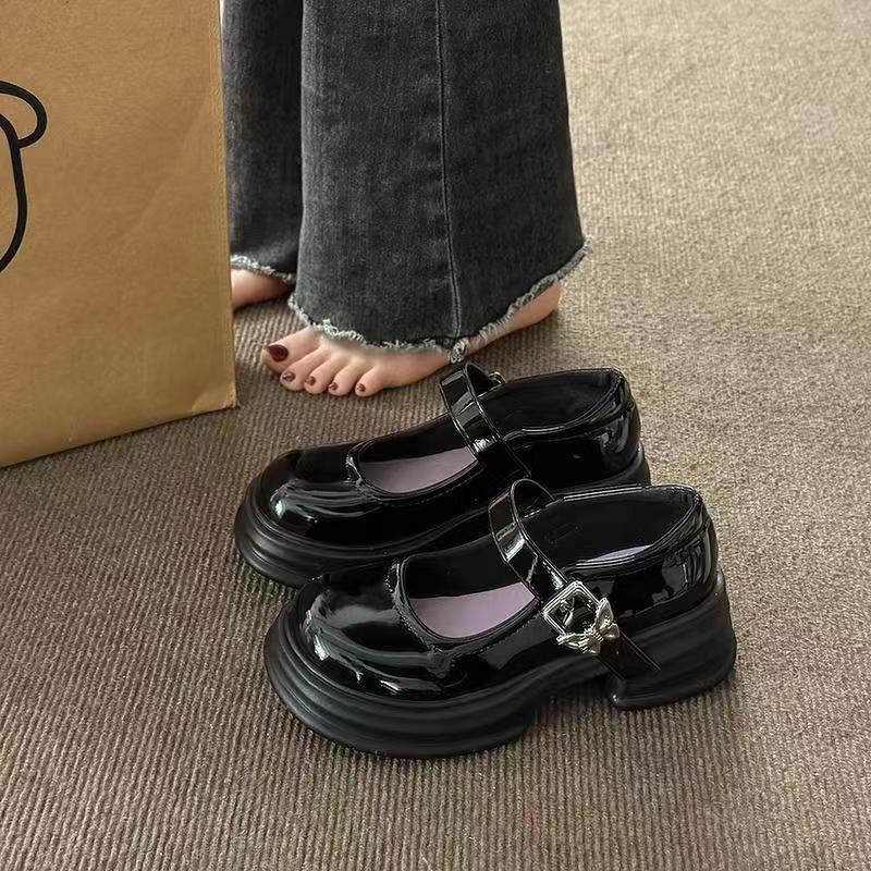 

Korean version of black thick heel platform small leather shoes for women s 2025 spring new height-increasing Mary Jane shoes, shorty Le high heels 40 чёрный