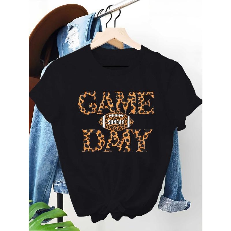 

European Size Women s T-Shirt - Black & Golden Leopard Print Football Fan Outfit with American Football & GAME DAY Slogan, Casual Round Neck Tee 4XL чорний