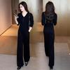 Autumn 2025 Women's Trendy Slimming V-Neck Top & Wide-Leg Pants Set