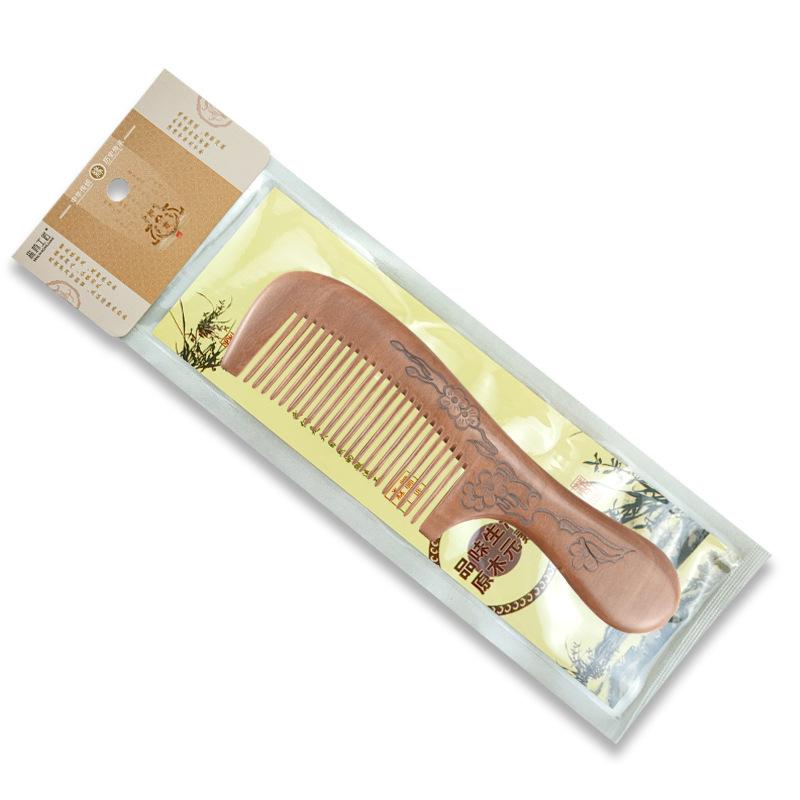 Peach Wood Carved Comb with Fine and Medium Teeth - Handleless, Floral Design