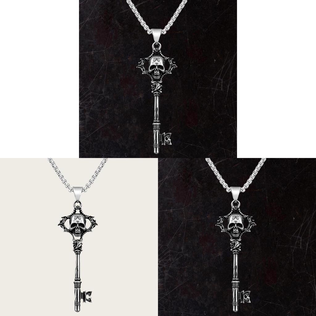 Gothic Vintage Silver Skull Key Necklace With Stainless Steel Chain For Women