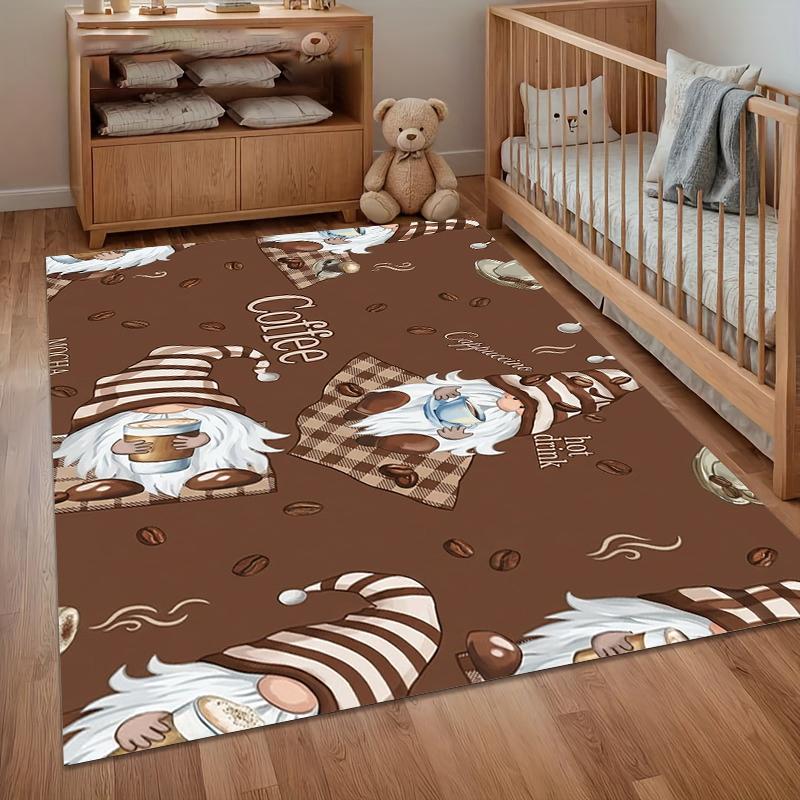 Cute Coffee Gnome and Bean Print Area Rug, Soft Non-Slip Floor Mat for Kitchen Living Room Rustic Farmhouse Home Decor