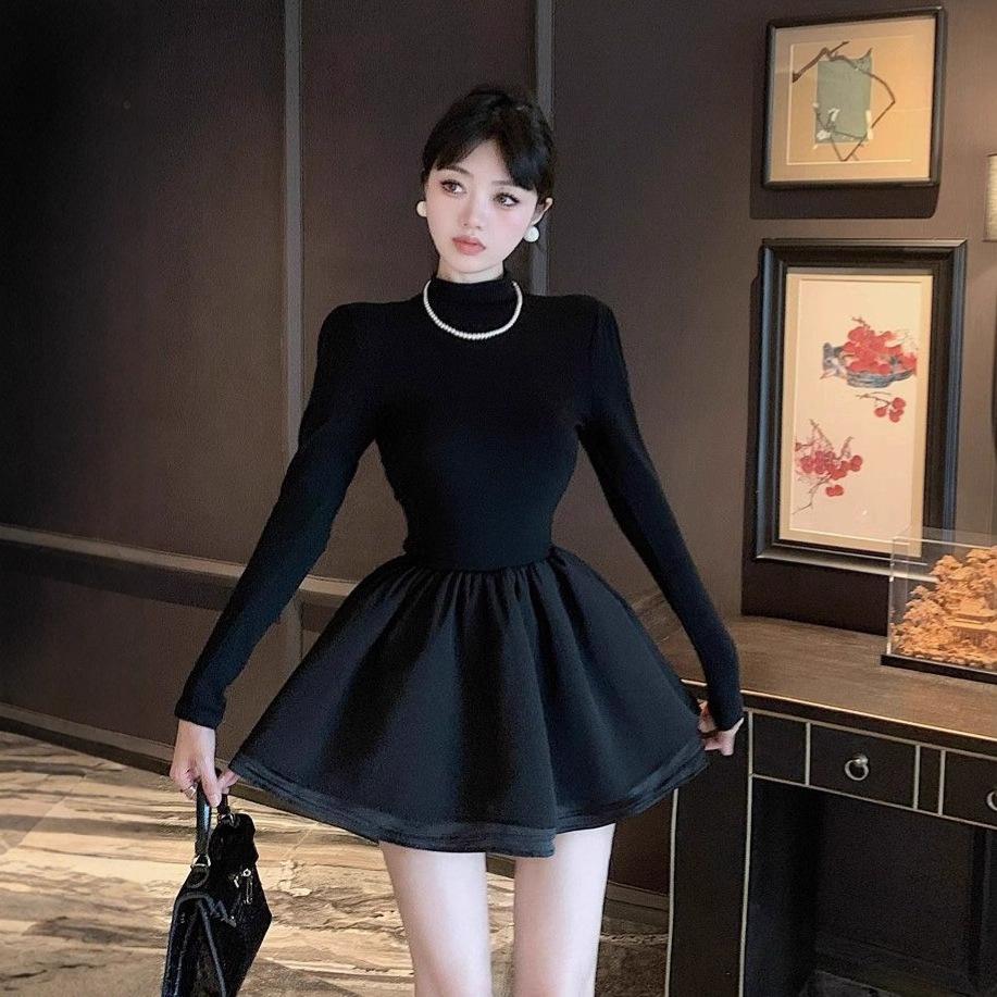Sweet Spice Girl Semi-turtleneck Black Fluffy Dress Women's Spring and Autumn Design Sense Niche Waist Skinny A-Word Dress Short Skirt