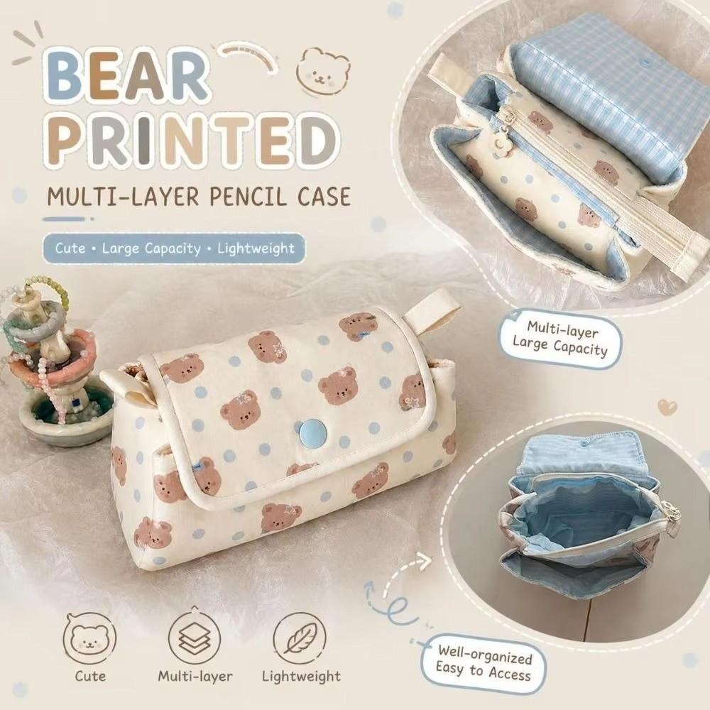 Bear Printed Pen Bag Button-closure Stationery Bag Stylish Pencil Pouch School Supplies