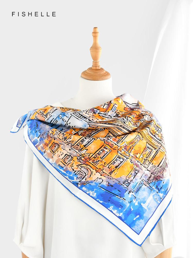 New blue yellow watercolor painted printed natural silk twill square scarf women's spring autumn real silk scarves luxury shawl