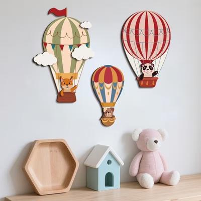 3Pcs Hot Air Balloon Wall Art Wooden Cartoon Animals Clouds Wall Hanging Decor 3D Layered Design Easy Installation Kids Room Decoration