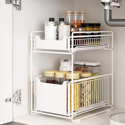 Bidesen Under-Sink Storage Rack, 2-Tier, White, 28cm Wide, Sliding Storage, Under-Sink Storage Rack, Under-Bathroom Storage, White, Under-Sink Storage