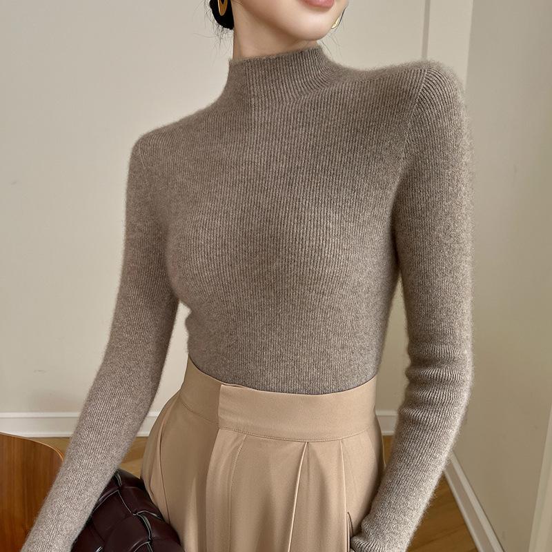 Women's Autumn/Winter Pure Cashmere Striped Slim-Fit Sweater with Half-High Neck