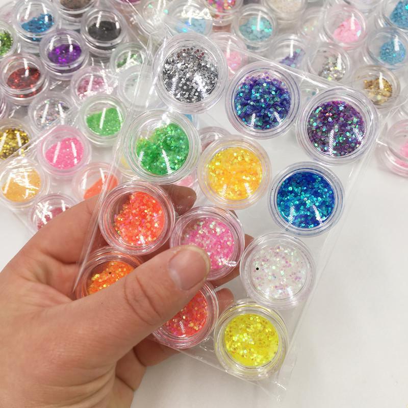 Nail Art Glitter Sequins Set: 12 Colors - Plum Blossom, Star, Hexagonal, Heart
