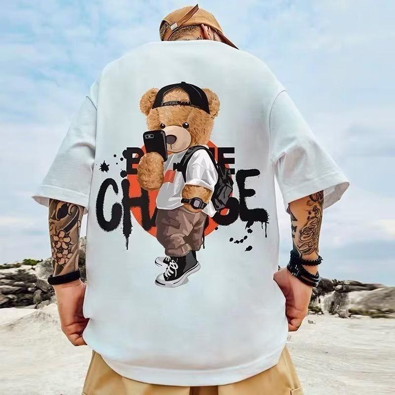 Men Casual T-shirt Teenager Student Tee American Vintage Cute Selfie Teddy Bear Print T-shirt Loose Large Size Large Top