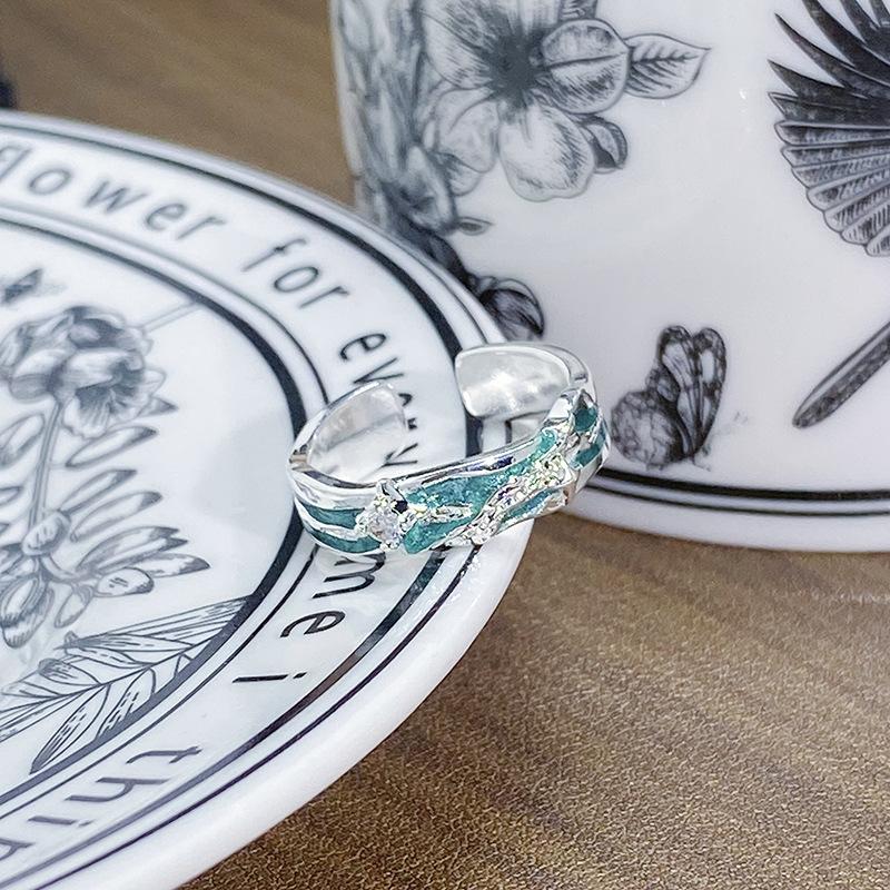 Small Fresh Green Dripping Oil Enamel Open Ring Women'S French Irregular Personality Advanced Ring