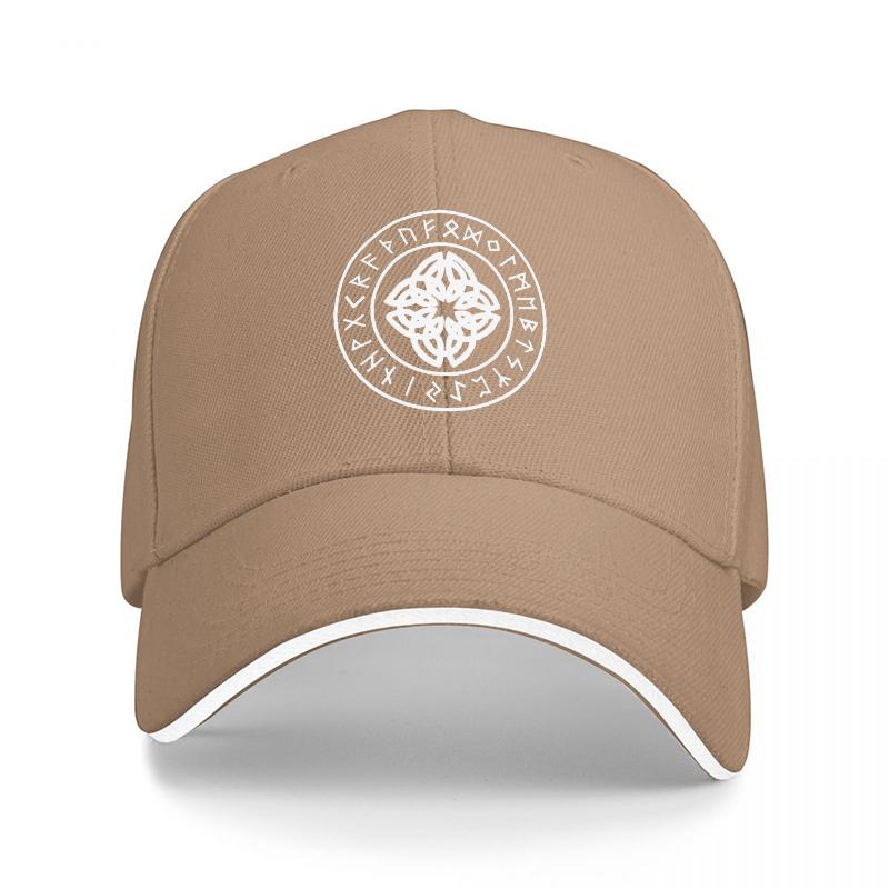 Mystic Symbol Circle Design Black Baseball Cap with White Trim and Intricate Celtic Knot Pattern for Unisex and Women