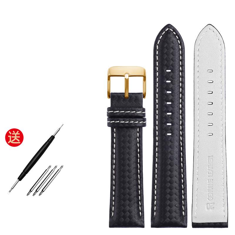 Echtes Lederarmband mit Kohlefaserkorn, Uhrenarmband 18 mm, 20 mm, rot-orangefarbene Nähte, Uhrenarmband 21 mm, 22 mm, 23 mm, 24 mm