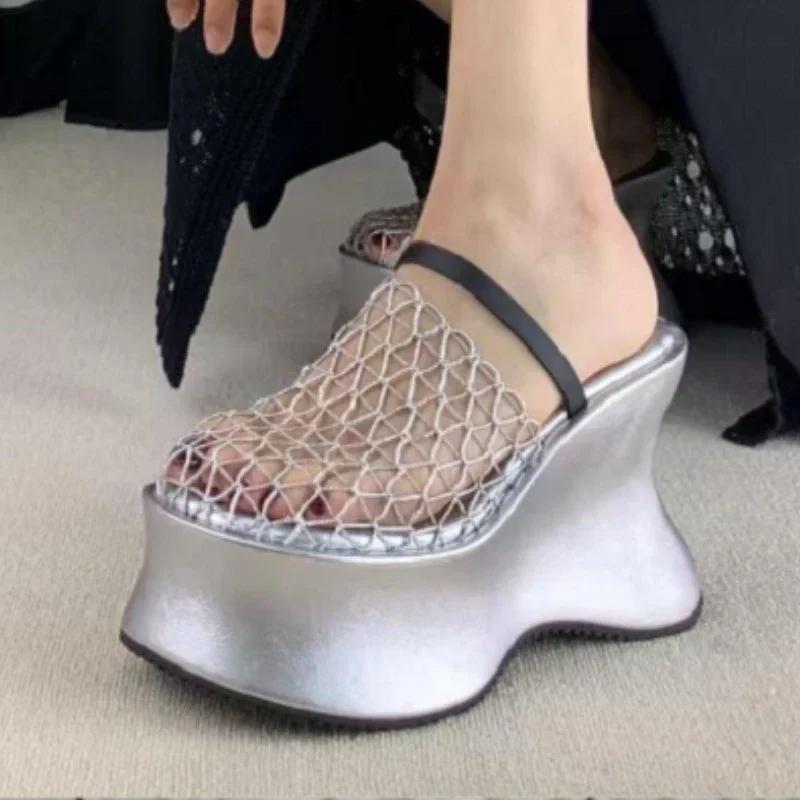 

Fashion Mesh Super-high Heels Women Slippers Designer Heeled Shoes Fashion Woman Sandals Summer 2025 Brand Pumps New Chaussures Femme 39 серебряный