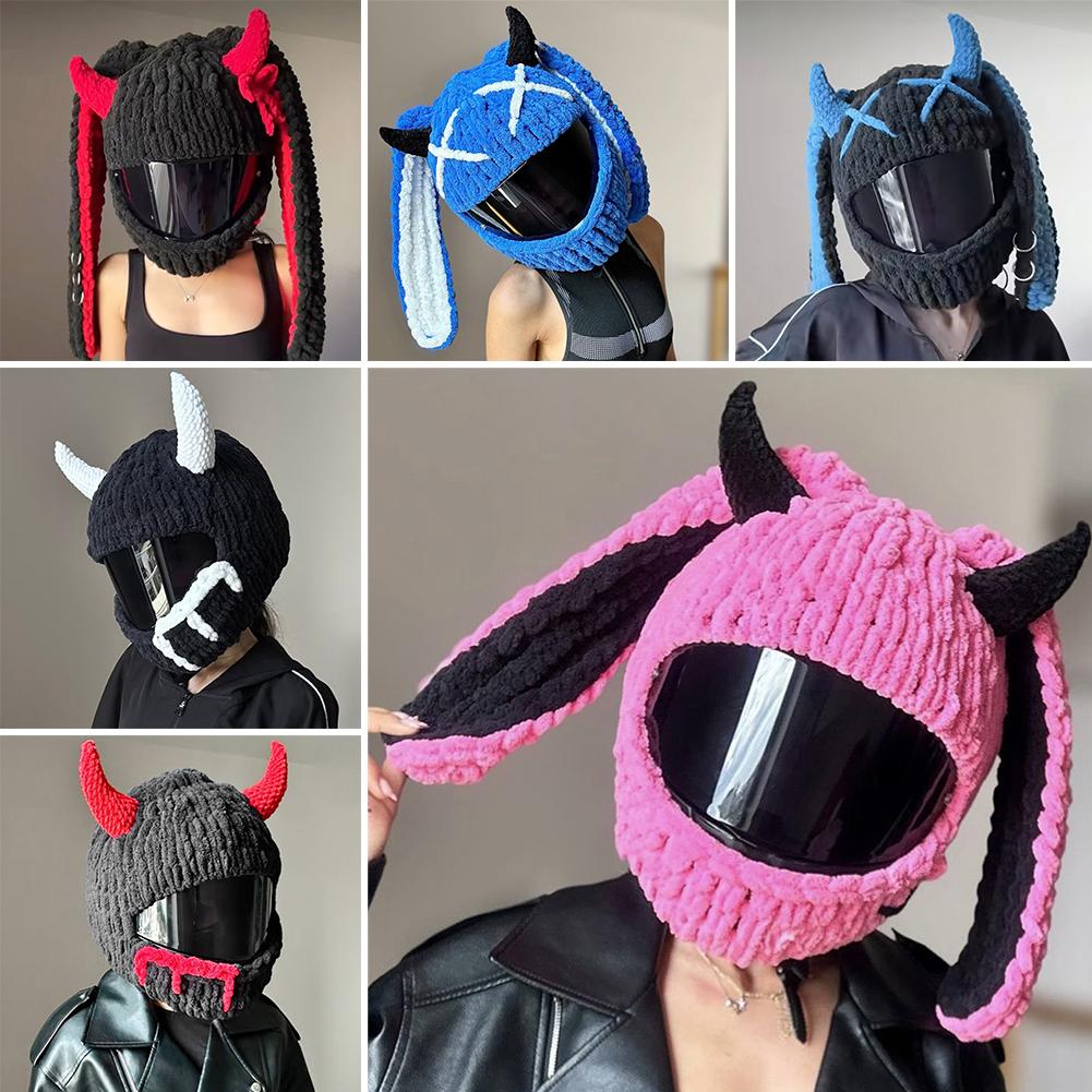 Winter Motorcycle Helmet Headgear Cover Trendy Devil's Horns Creative Cartoon Knitted Motocross Full-Face Protective Helmet Case