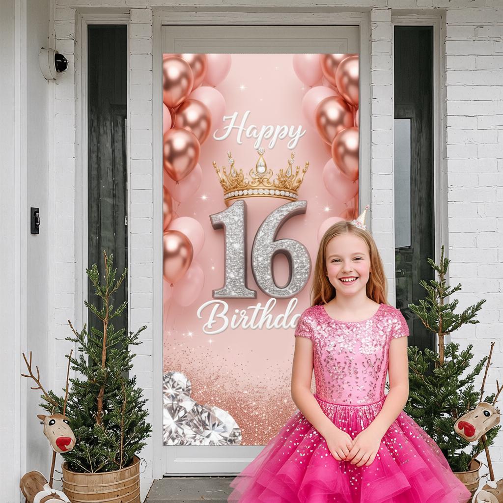 16th Birthday Banner Rose Gold Balloons Glitter Birthday Backdrop 16th Birthday Door Cover Rose Gold Glitter For Sweet 16
