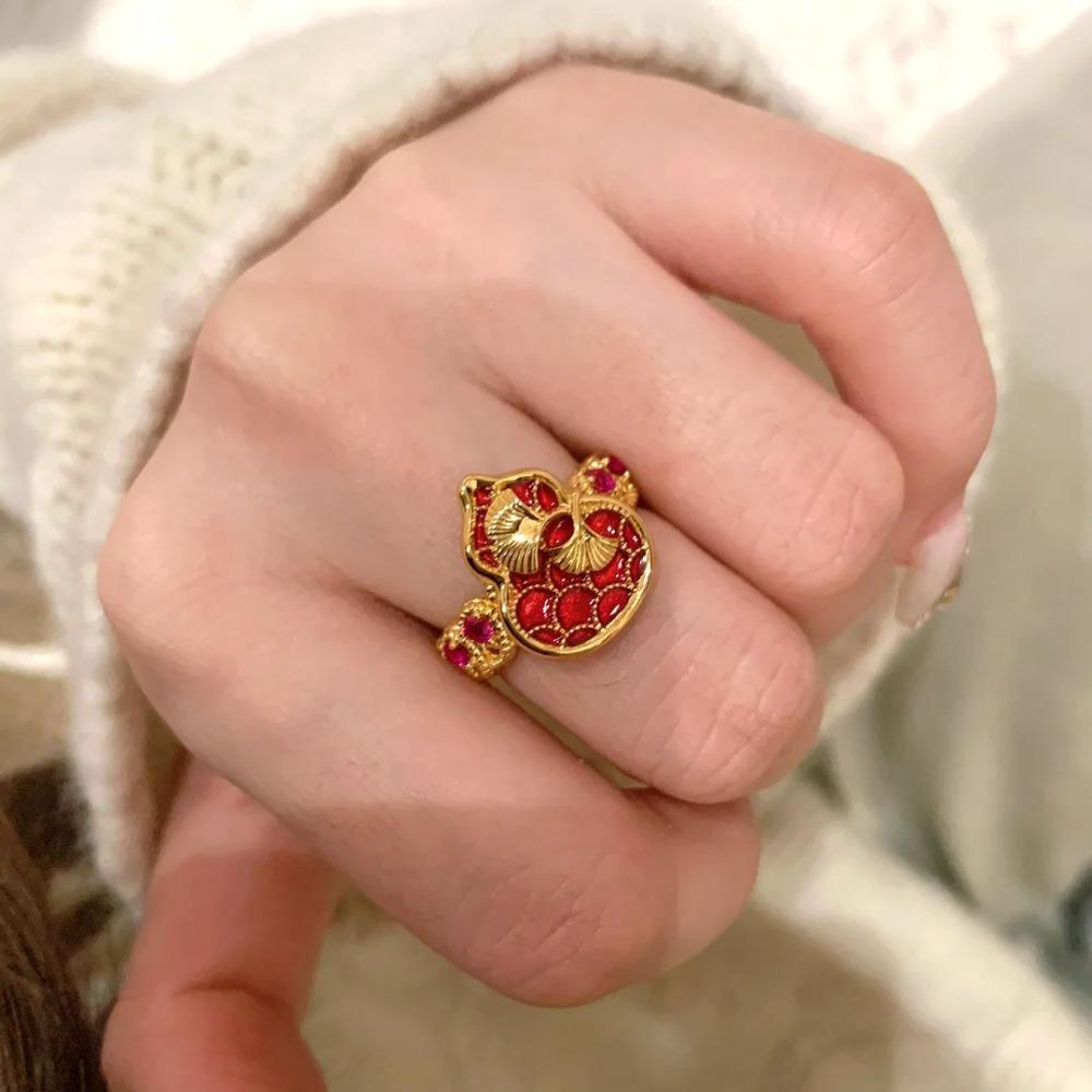 Chinese Palace Style Gingko Leaf Gourd Ring Women Minimalist Luxury Enamel Red Drip Oil Jewelry adjustable