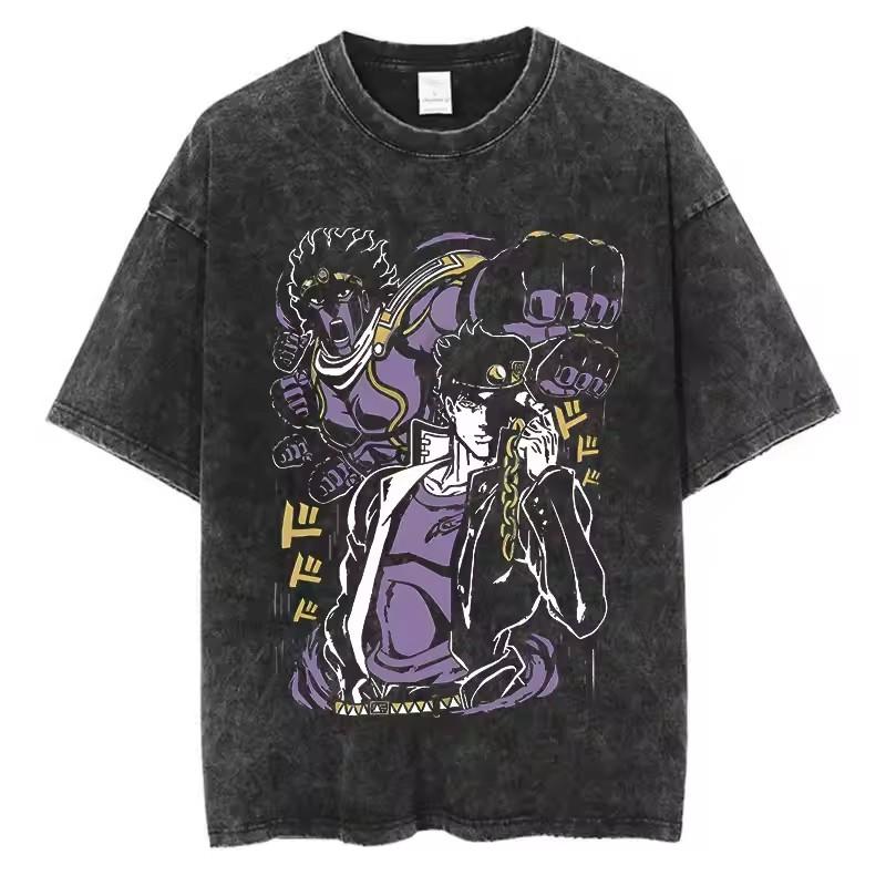 Vintage Washed TShirt Men Summer Streetwear T-shirt JoJo Bizarre Adventure Anime High Quality Cotton Casual Short Sleeve Tshirt
