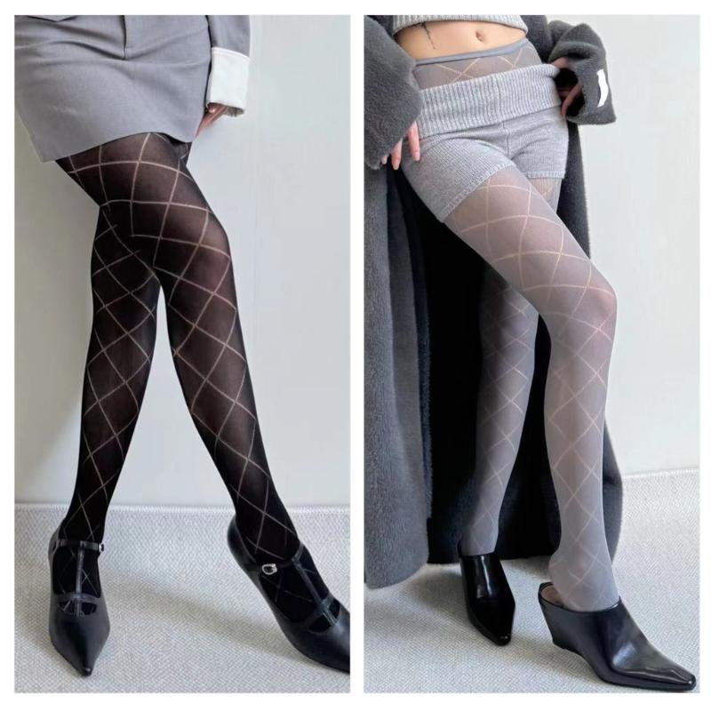 Women Girls Japanese Style Hollowed Out Mesh Tights Stockings Elegant Plaids Jacquard Pattern Fishnet Pantyhose Hosiery