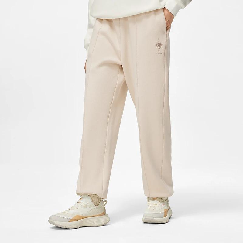 Li Ning Sports Lifestyle Series Solid Color Mid Waist Cuffed Fleece Knit Sweatpants Women Bottoms Fog-Khaki AKLT908-5