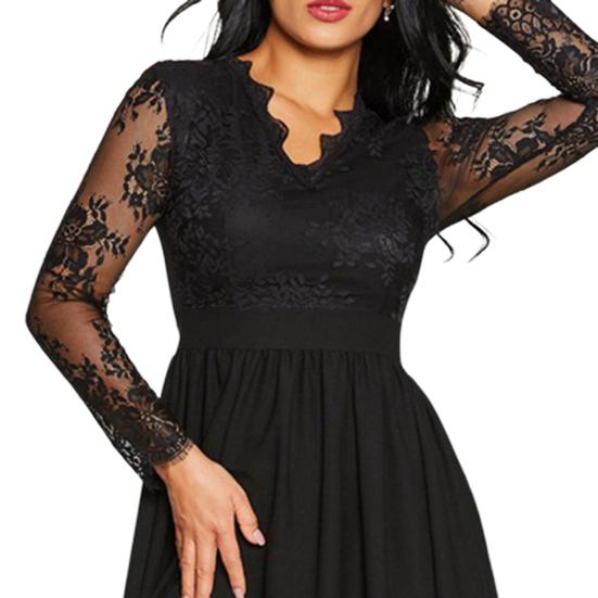 Women Evening Dress Solid Color Elegant Sweet Pleated Temperament See-through Lace Sexy High