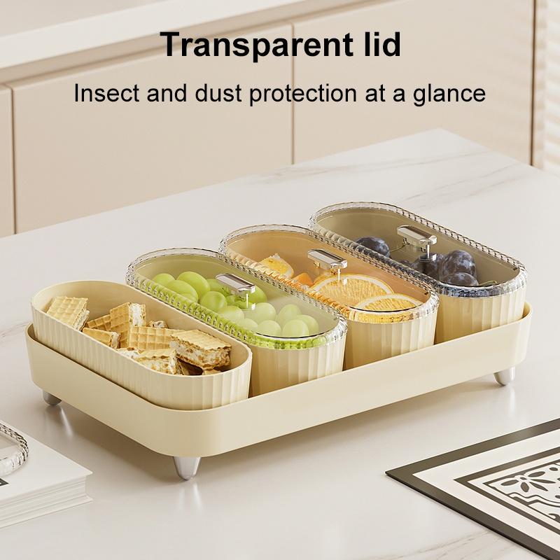 4-in-1 Plastic Snack Plates Set with Serving Tray Candy Nuts Fruit Container with Transparent Lid Home Party Appetizer Tableware