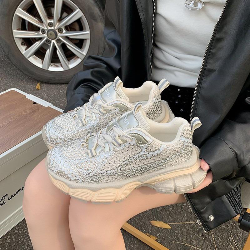 Rhinestone dad shoes women's spring new lace-up thick-soled heightening versatile sports shoes casual shoes