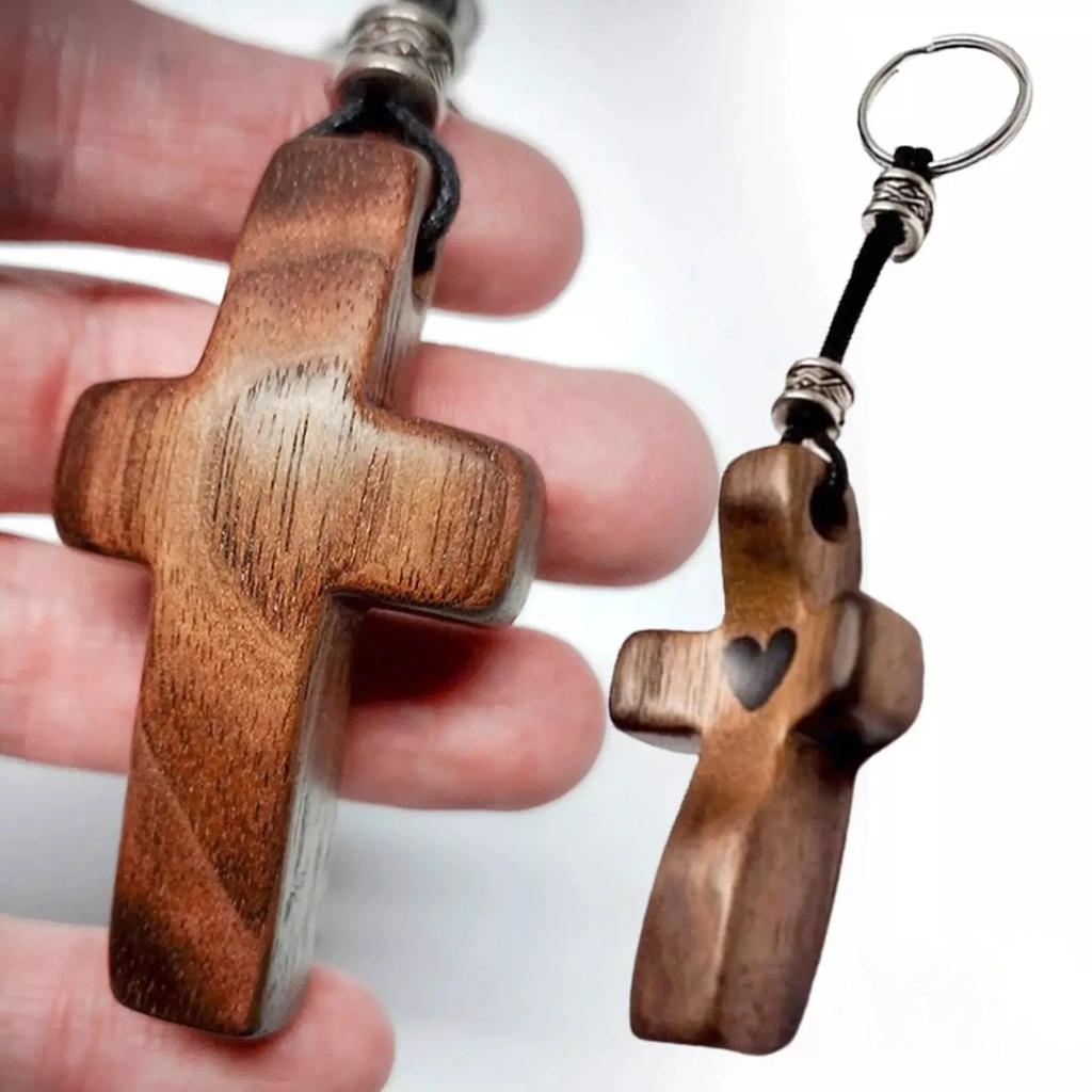 Walnut Wood Cross Keychain Heart-Shaped Pendant Wooden Handmade Keychain Religious Christian Prayer Guarding Get Rid Of Worries