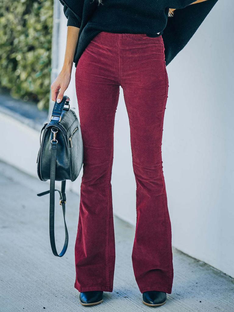Spring Summer Women's Solid Color High Waist Slim Fit Flared Trousers Velvet Waist Casual Pants