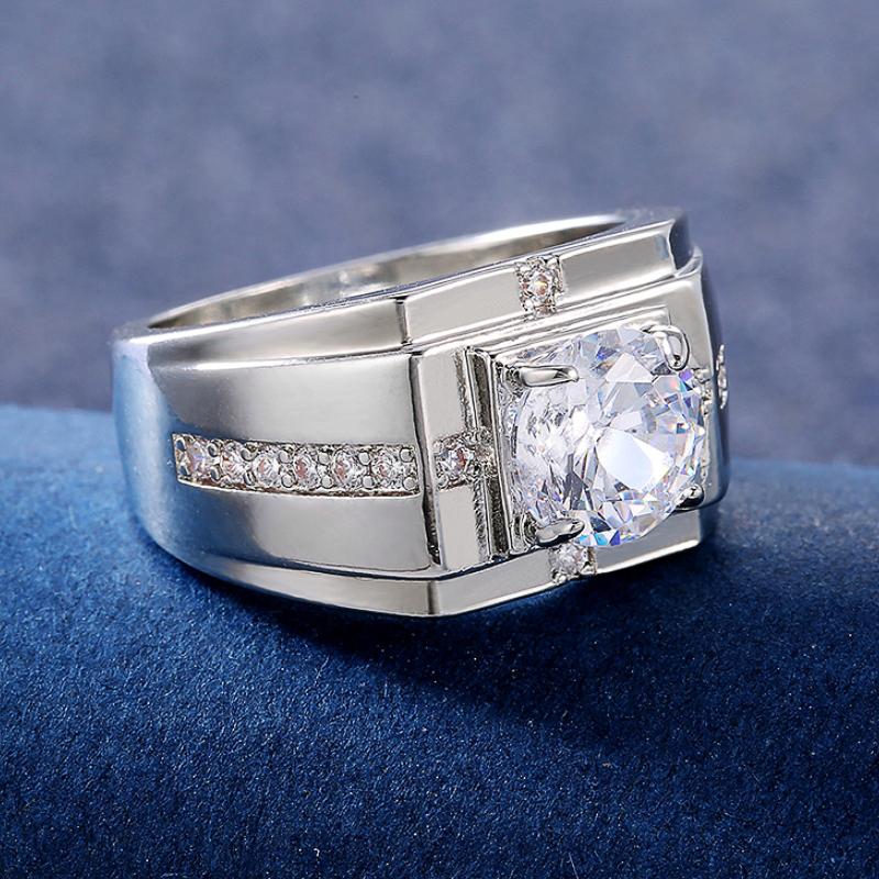 Huitan Luxury Silver Color Round Cubic Zircon Rings for Men Classic Wedding Ceremony Ring Dazzling Male Accessories Jewelry