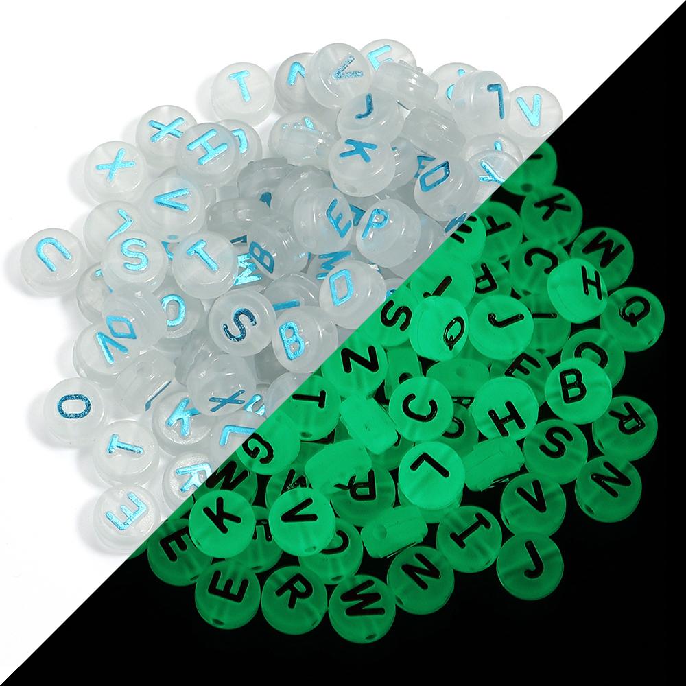 100pcs 10mm Acrylic Luminous Letter Beads Christmas Flat Round Loose Alphabet Beads For Jewelry Making DIY Bracelets Accessories
