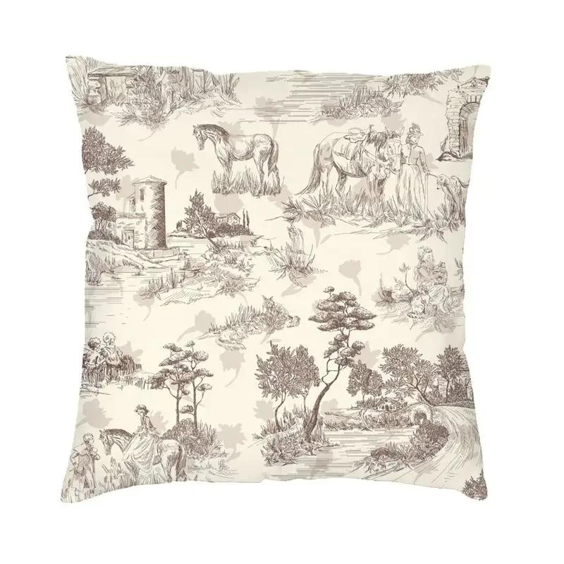Poszewka na kwadratową poduszkę dekoracyjną Toile De Jouy Sepia Vintage Paryski Design Artystyczny Poszewka na poduszkę z nadrukiem 3D z dwóch stron na sofę