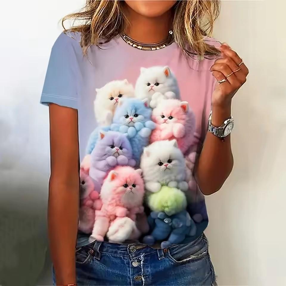 Summer Women's T-Shirts Cartoon Cat Print T-Shirt Harajuku Vintage Short Sleeved Tees O Neck Art Top Oversized Female Clothing