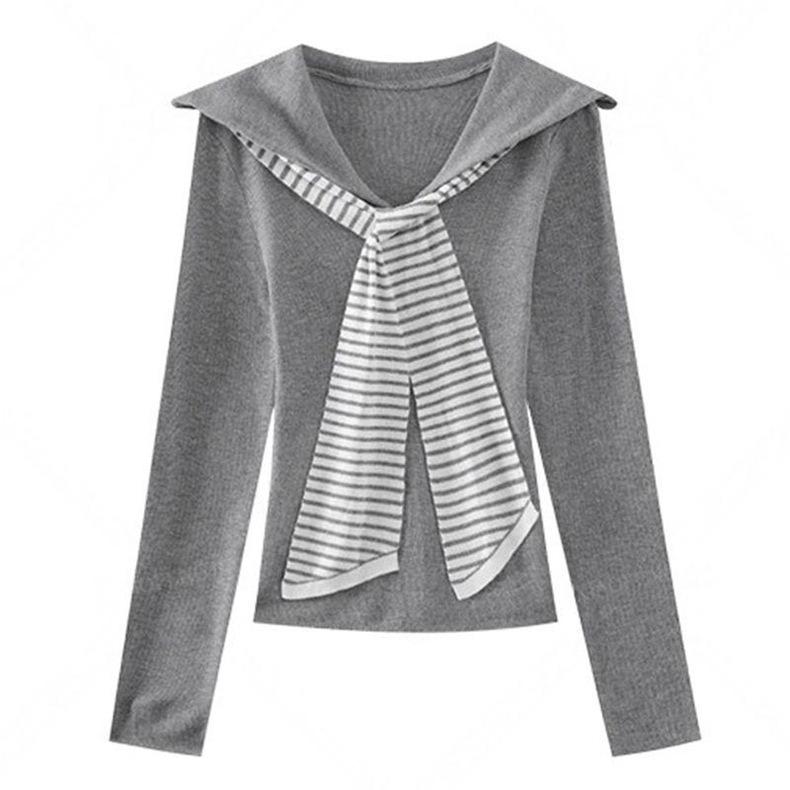 Korean Style Drop Shoulder Naval Collar Long Sleeve Top for Women, Slim Fit Flowy Ribbon Design, Perfect for Spring/Autumn.