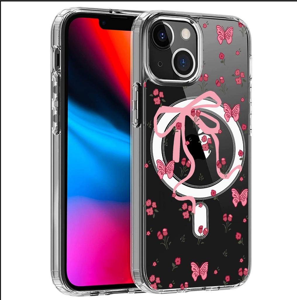 Bowknot Floral Magnetic Case for iPhone 15/16/17 Pro Max - Transparent Full Coverage