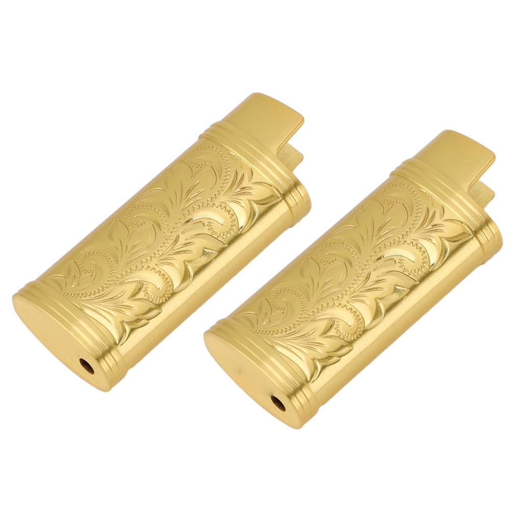 2pcs Retro Lighter Case Compact 3D Floral Stamped Engraving Zinc Alloy Protective Case Cover Gold