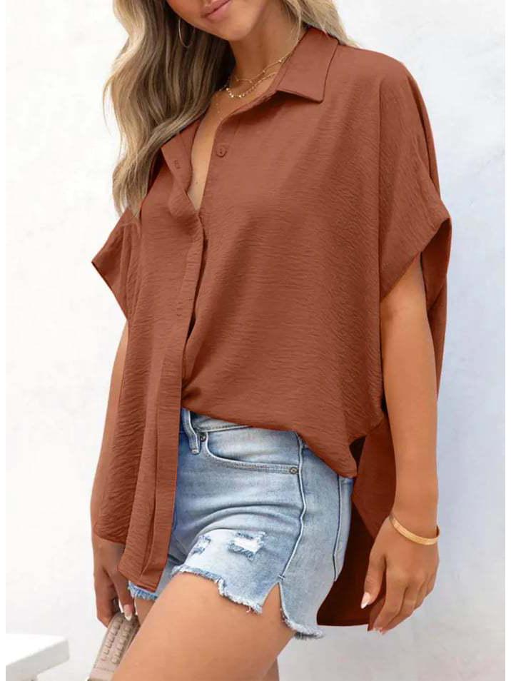 2025 Summer Women's Casual Solid Color Button Short Sleeve Shirt