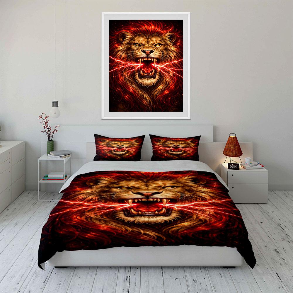"Fiery Lion Roar with Electric Sparks" Print Bedding Set Duvet Cover Pillowcases (1* Duvet Cover 2* Pillowcases Do Not Include Comforter)