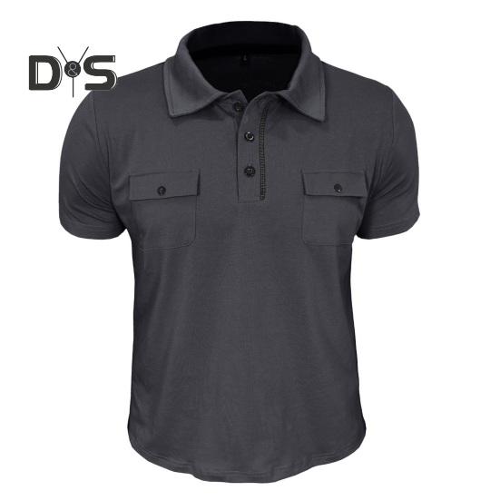 Men's Lapel T-shirt with Chest Pockets Short Sleeve Button-up Collar Tee Solid Color Casual Pullover Tee Shirt for Gym Streetwear