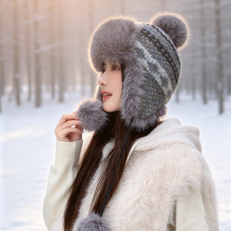 New winter women's warm ear cap thickened pom-pom Lei Feng hat outdoor cold-proof ski cap manufacturer