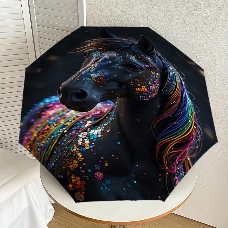 Colorful Sequin Horse Head Automatic Opening Folding Umbrella with Rainbow Mane - Outdoor Rain Gear for Fans, Travelers, Everyday Use, Festi