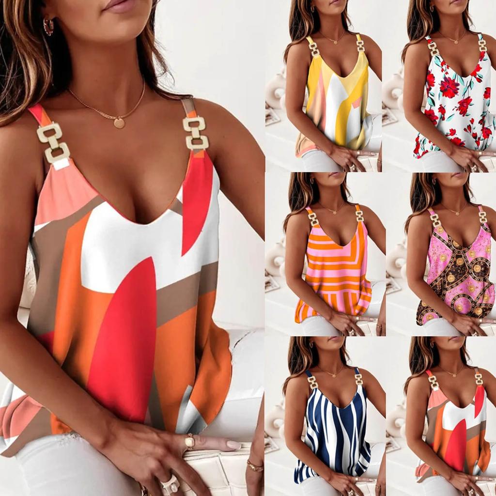 Ladies Summer Sleeveless Camisole Print Ladies V Neck Tank Top Casual Tops
