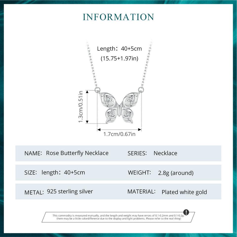 BAMOER 925 Sterling Silver Rose Butterfly Necklace Romantic Love Necklace Plated White Gold for Women Fine Jewelry