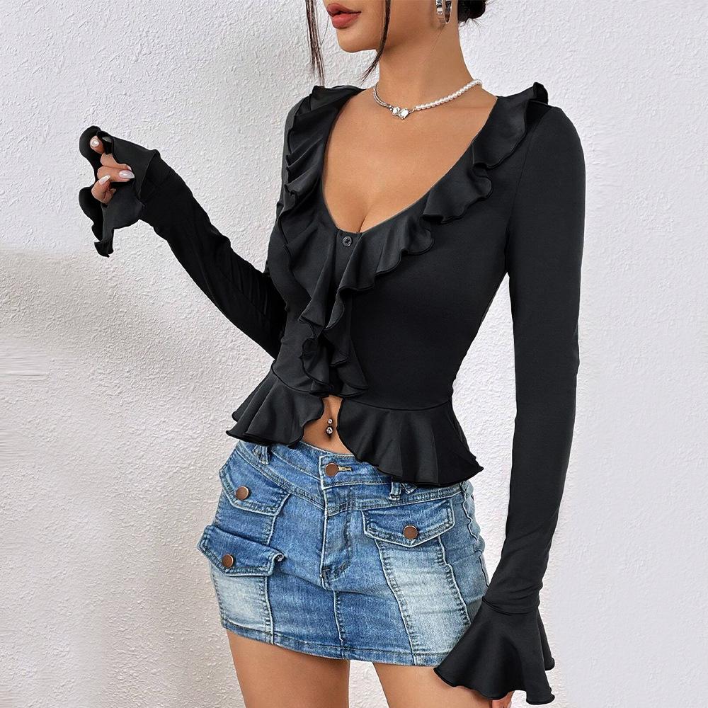 European and American women's clothing spring and summer ins fashion slim-fitting ruffle edge short long-sleeved t-shirt y2k top