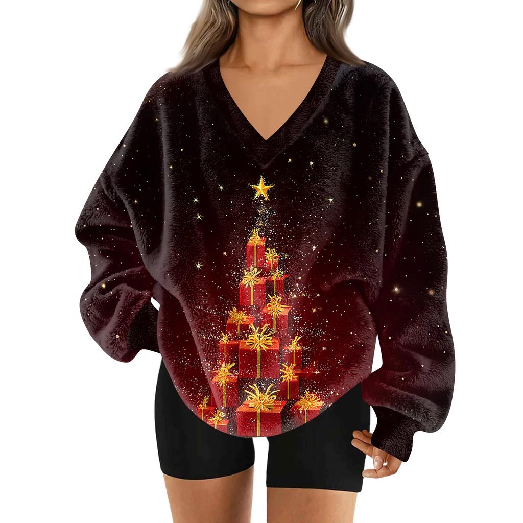 Damenmode Lässig Langarm Weihnachten Bedruckt V-Ausschnitt Oberteil Sweatshirt