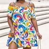 Women Plus Size Cold Shoulder Chain Strap Printed Short Sleeve Loose Mini Dress