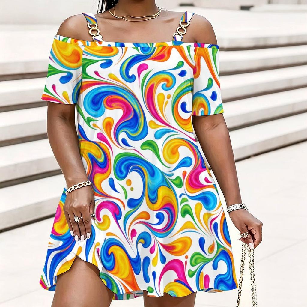 Women Plus Size Cold Shoulder Chain Strap Printed Short Sleeve Loose Mini Dress