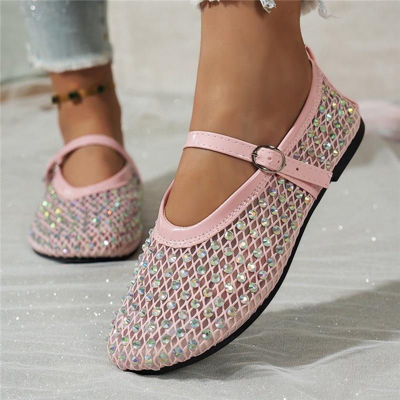 Women's Fashion Flat Shoes, Summer New Mesh Rhinestone Mary Jane Shoes, One Buckle Casual Flats