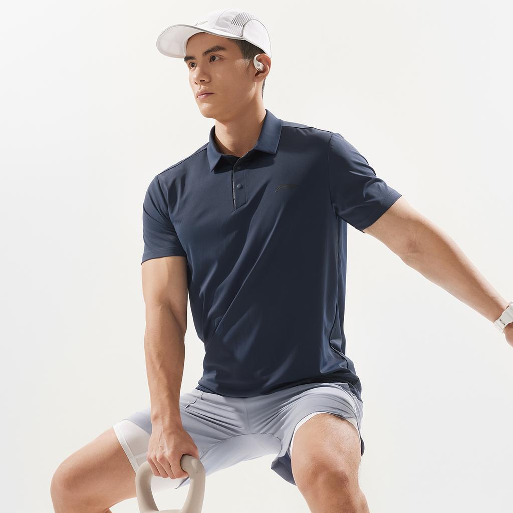 Li-Ning Fitness Series Solid Color Comfortable Breathable Versatile Casual Short Sleeve Polo Shirt Men Polo Shirts Ink-Blue APLV047-11